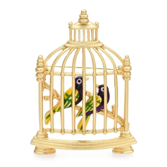 Gold-Tone Brooch – Two Birds in a Cage Pin Vintage Style Cute & Classic Look - Picture 1 of 2